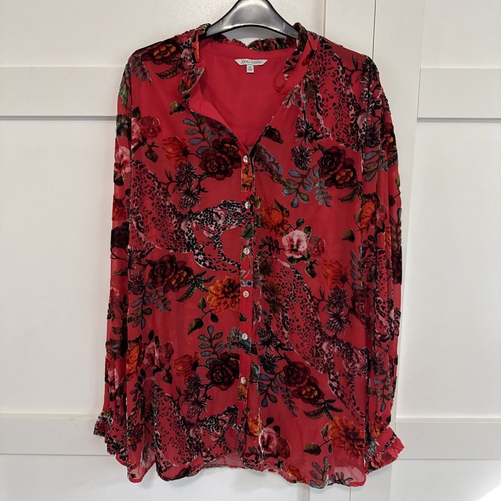 John Mark Sz 1X Burnout Velvet Floral Animal Print Holiday Tunic Button Top NWT